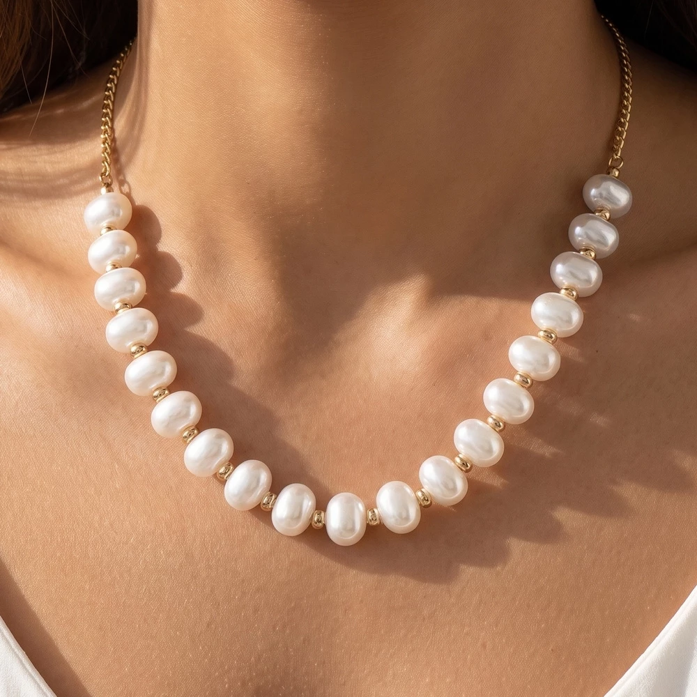 Graduated Oval Pearl Beaded Statement Necklace