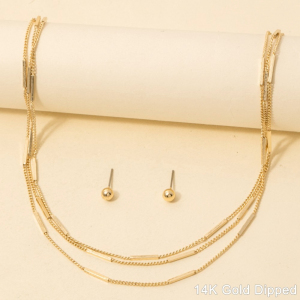 Gold Dipped Layered Bar Station Classic Chain Necklace Set