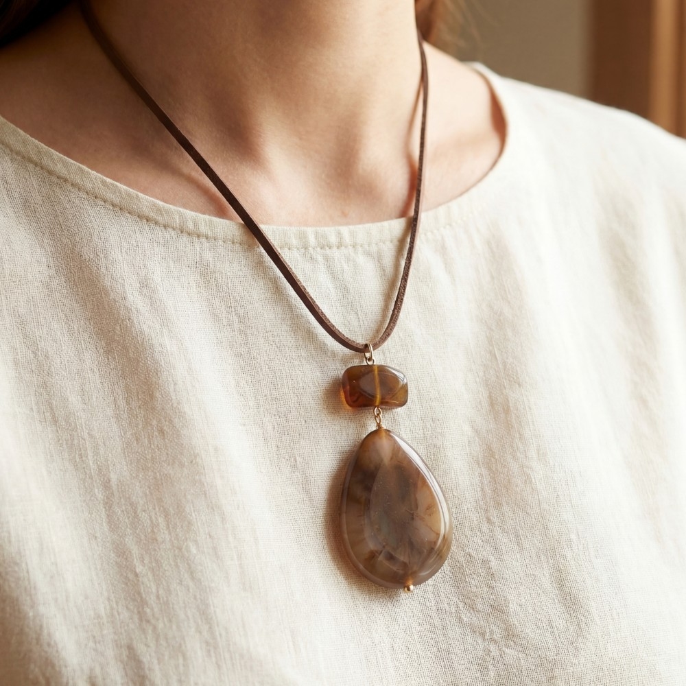 Marble Resin Bead And Teardrop Pendant Necklace