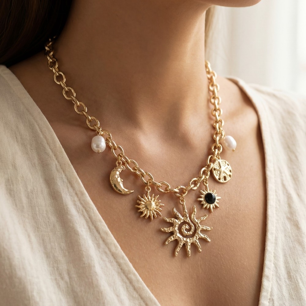 Mixed Sun And Pearl Charms Chain Necklace