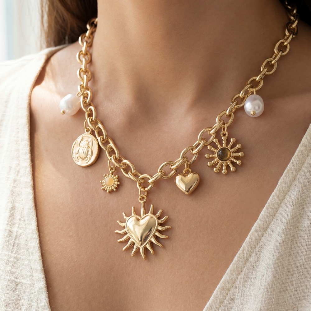 Mixed Heart And Pearl Charms Chain Necklace