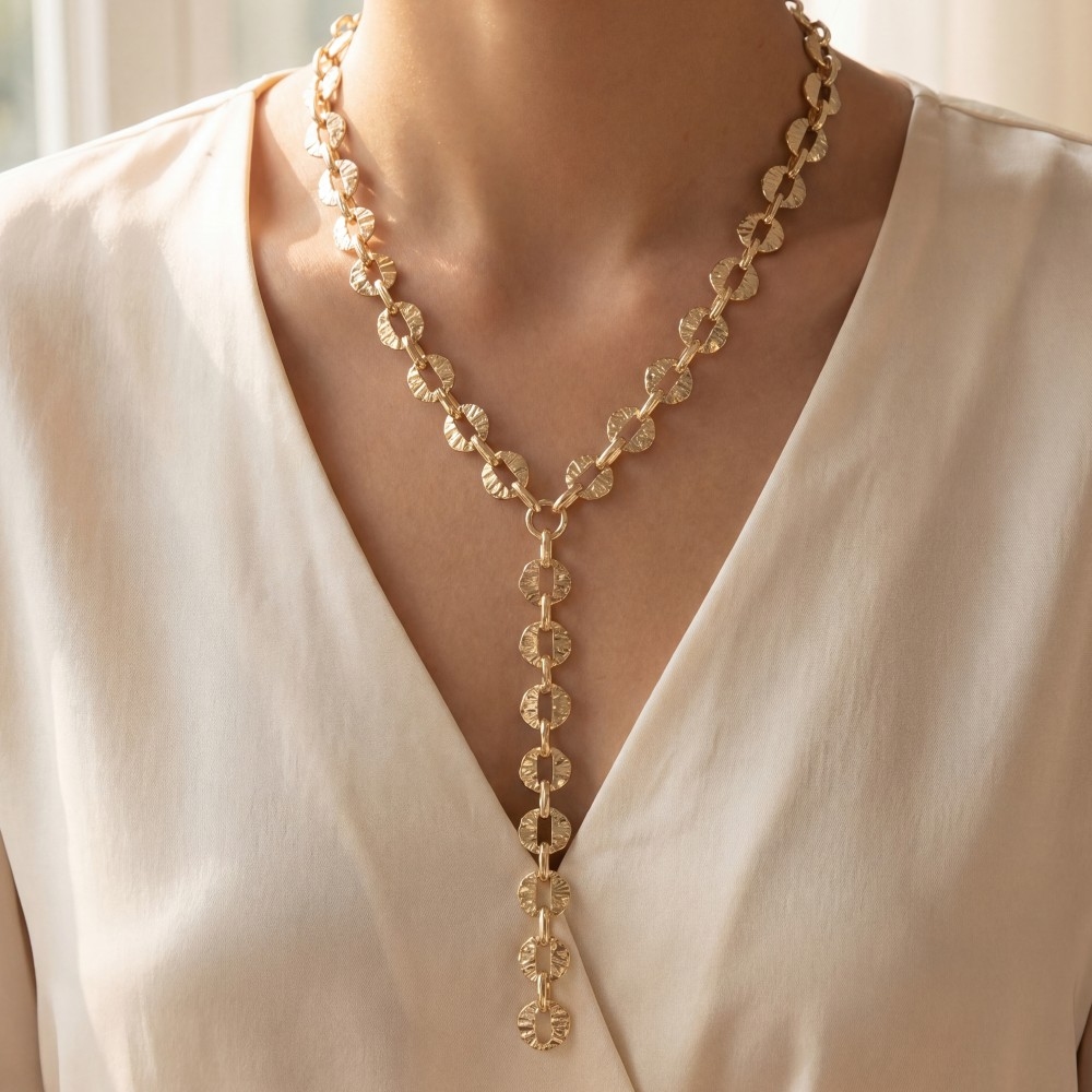 Hammered Coin Disc Lariat Y-Necklace