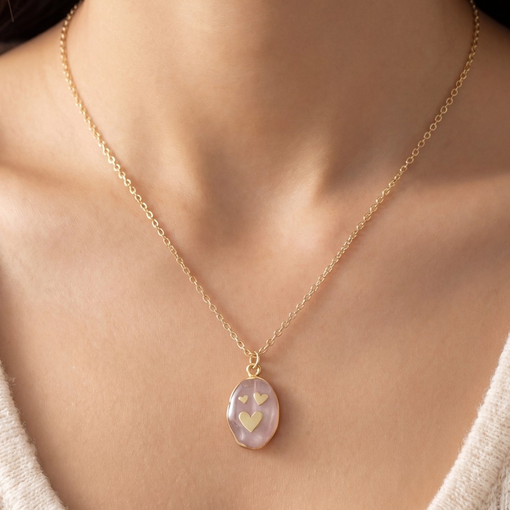 Rose Quartz Oval Heart Charm Pendant Necklace
