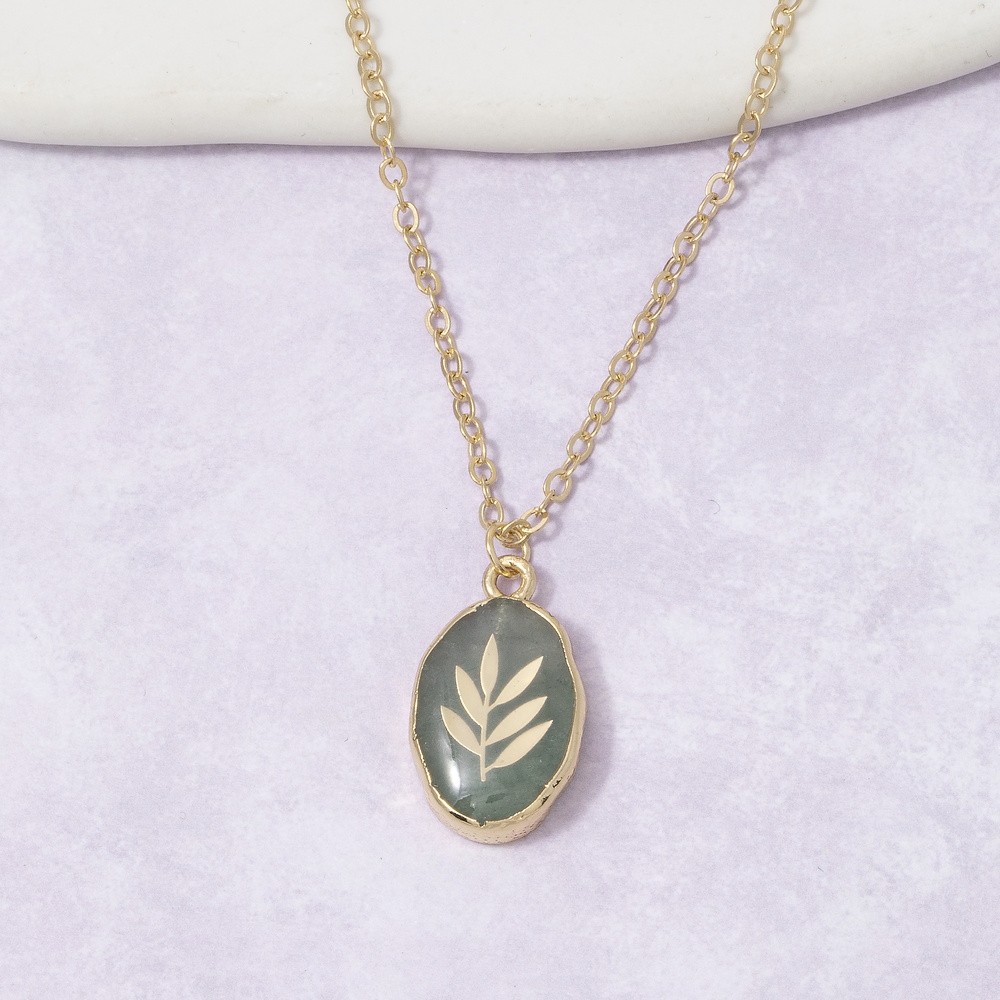 Botanical Leaf Inlay Oval Stone Pendant Necklace