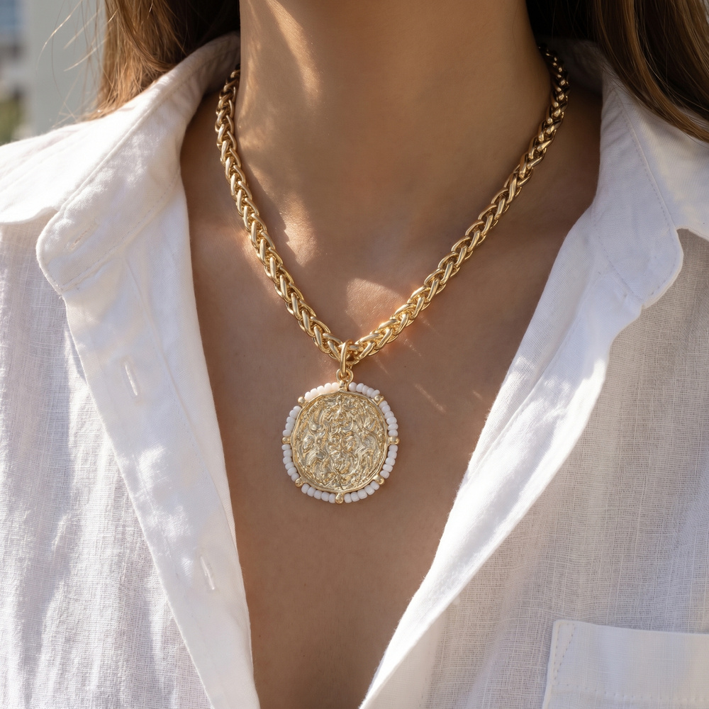 Hammered Coin Pendant Necklace With Seed Bead Rim