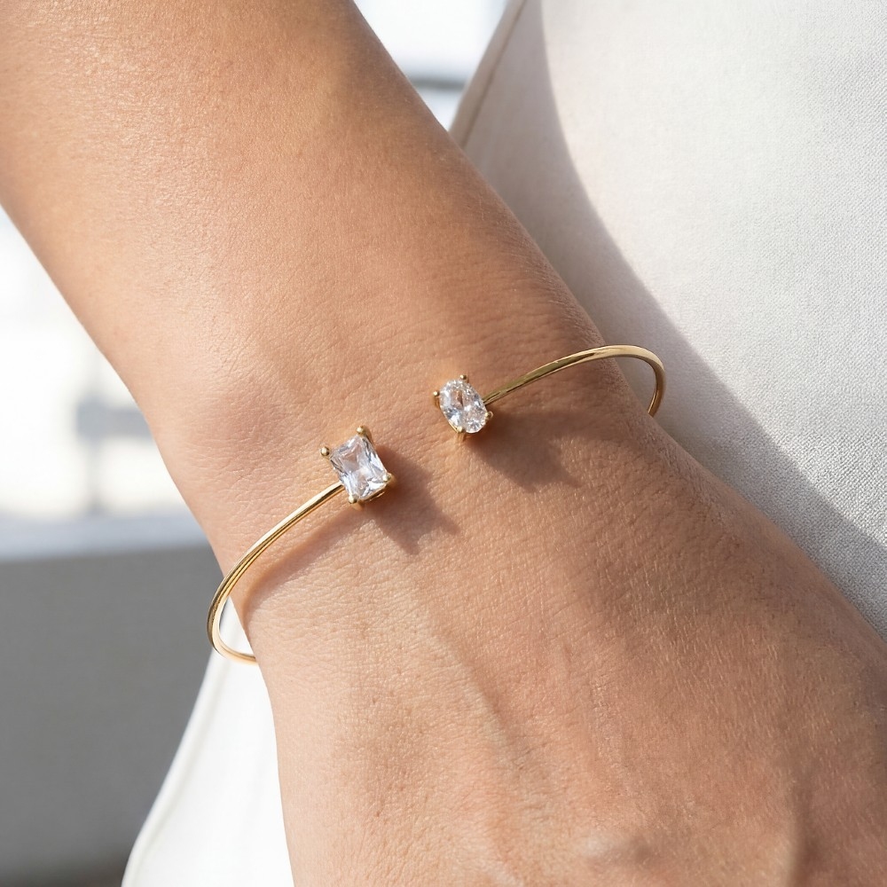 Square Oval Cz Stone Dainty Open Cuff Bracelet