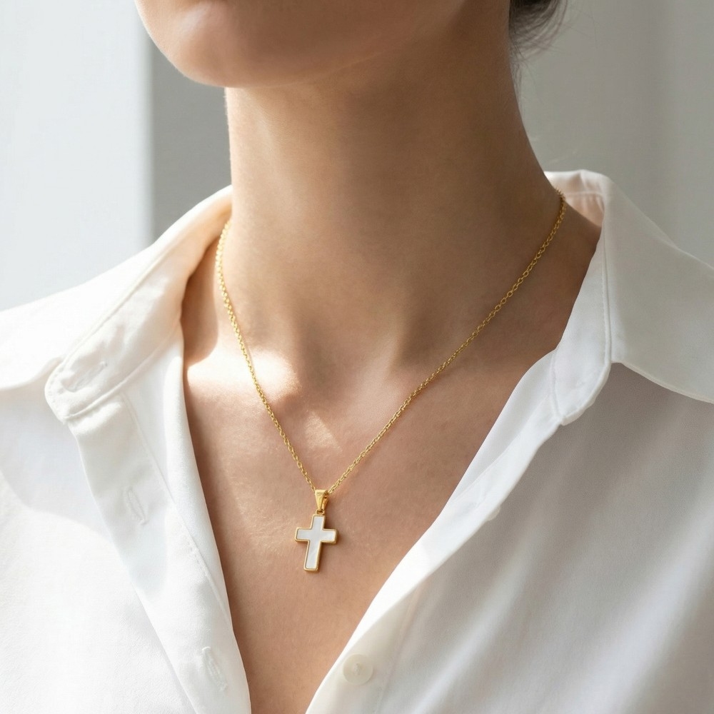 Stainless Steel Mother Of Pearl Cross Pendant Necklace