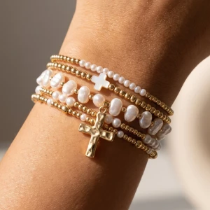 Pearl And Cross Charm Stretch Bracelet Set