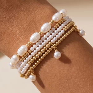 Pearl Drop Charm Beaded Stretch Bracelet Set