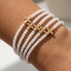 Pearl Strand Cross Bead Bracelet Set