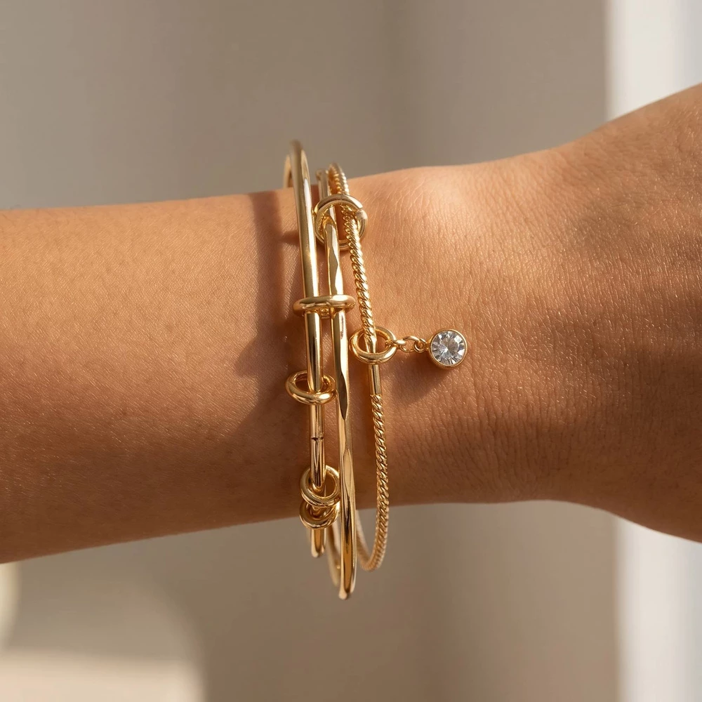 Three Piece Bangle Set With Cz Drop Charm