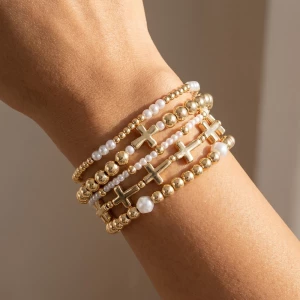 Five Piece Sideways Cross Pearl Bracelet Set