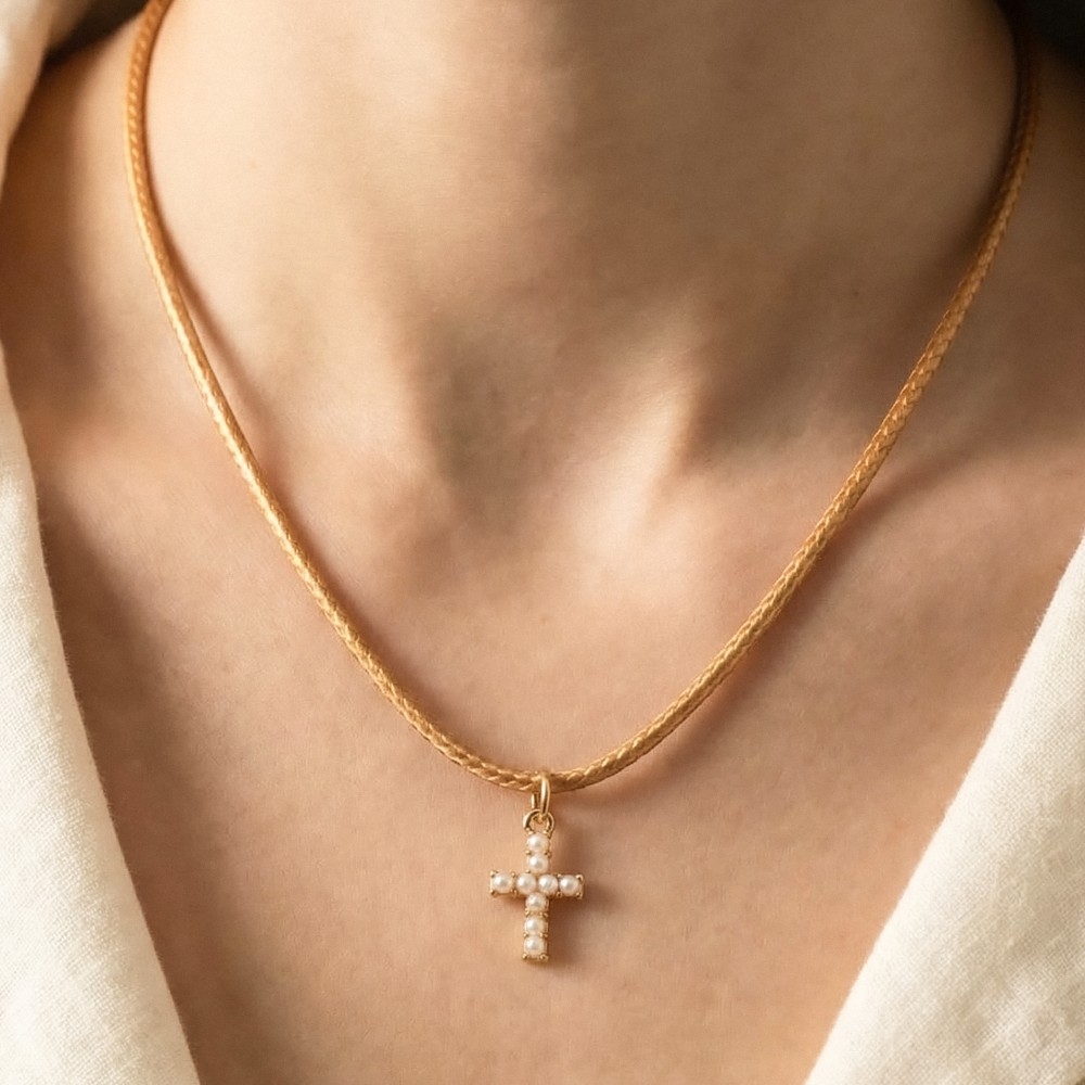 Mini Pearl Beaded Cross Cord Necklace