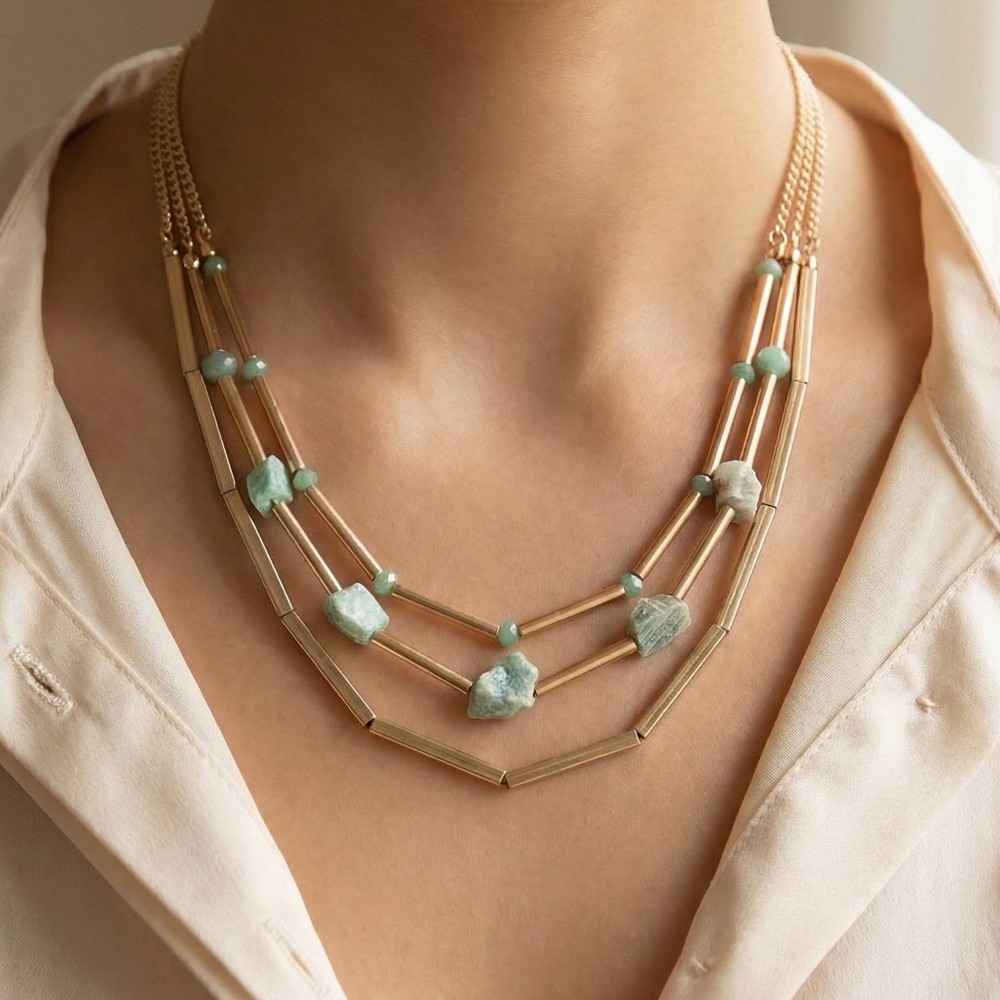 Stone And Metallic Tube Beaded Layered Chain Necklace
