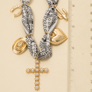 Western Heart And Pearl Cross Charms Bandana Necklace
