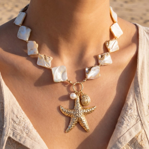 Gold Starfish & Pearl Drop Square Stone Necklace