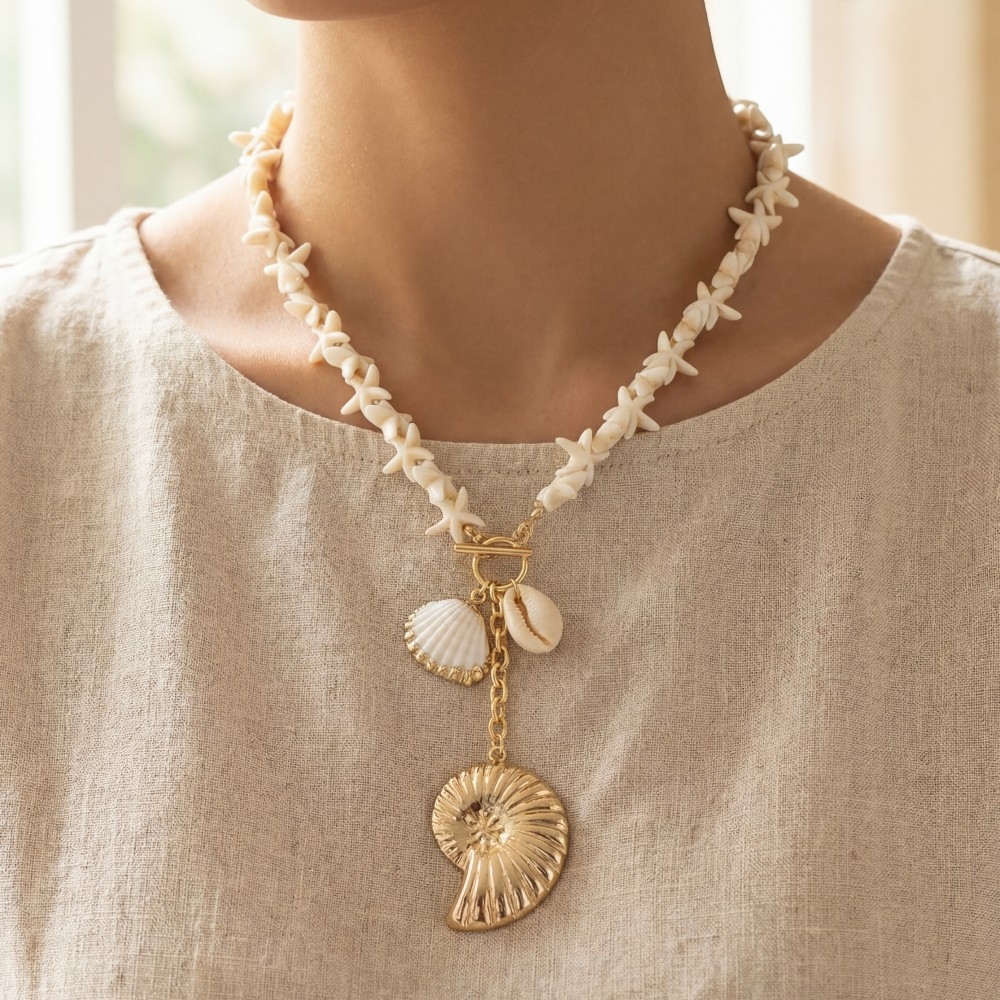 Sea Shell Pendants Starfish Beaded Toggle Necklace