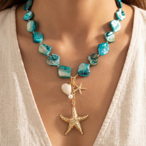 Gold Starfish & Sea Charm Drop Shell Stone Necklace