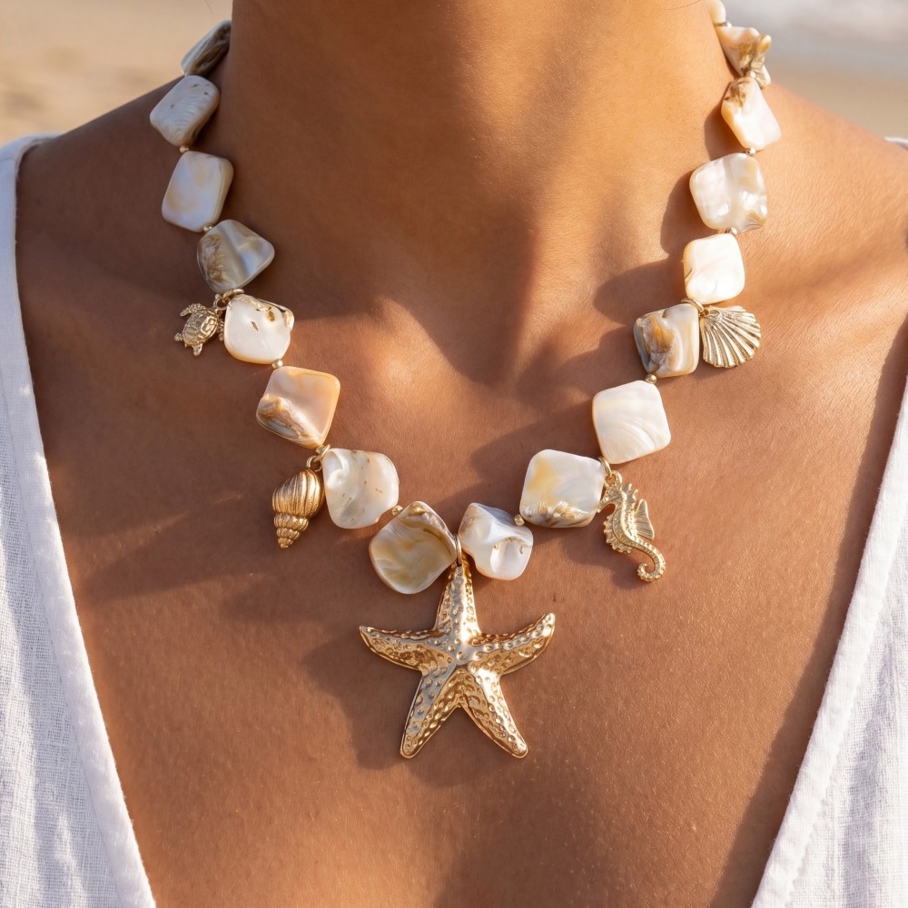 Gold Starfish & Coastal Charms Shell Stone Necklace
