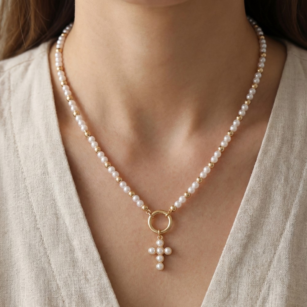 Cross Pendant Pearl And Metallic Beaded Necklace