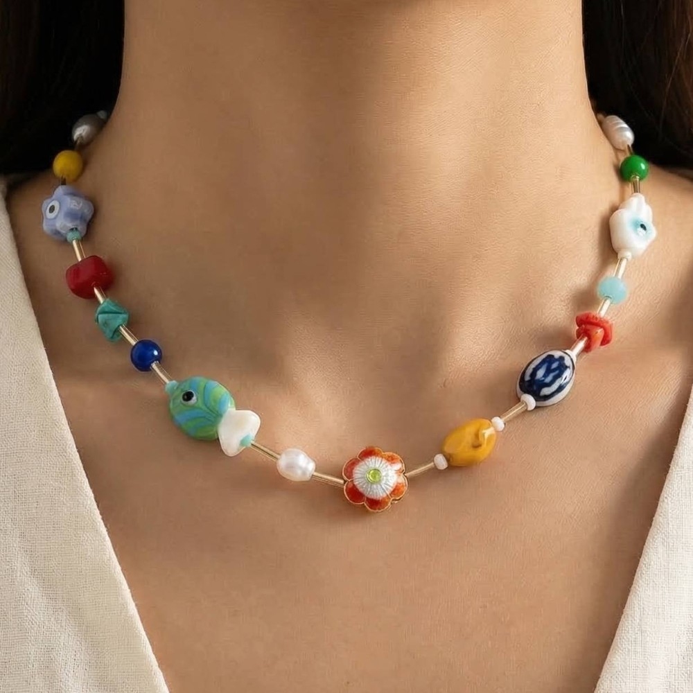 Assorted Sea Life Pearls And Stone Charms Necklace