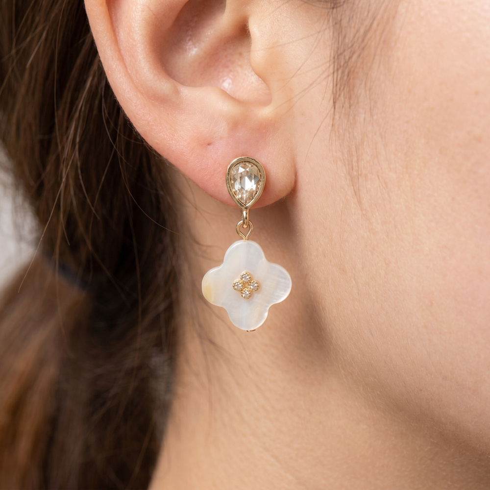 Mother Of Pearl Clover Drop Earrings With Cz