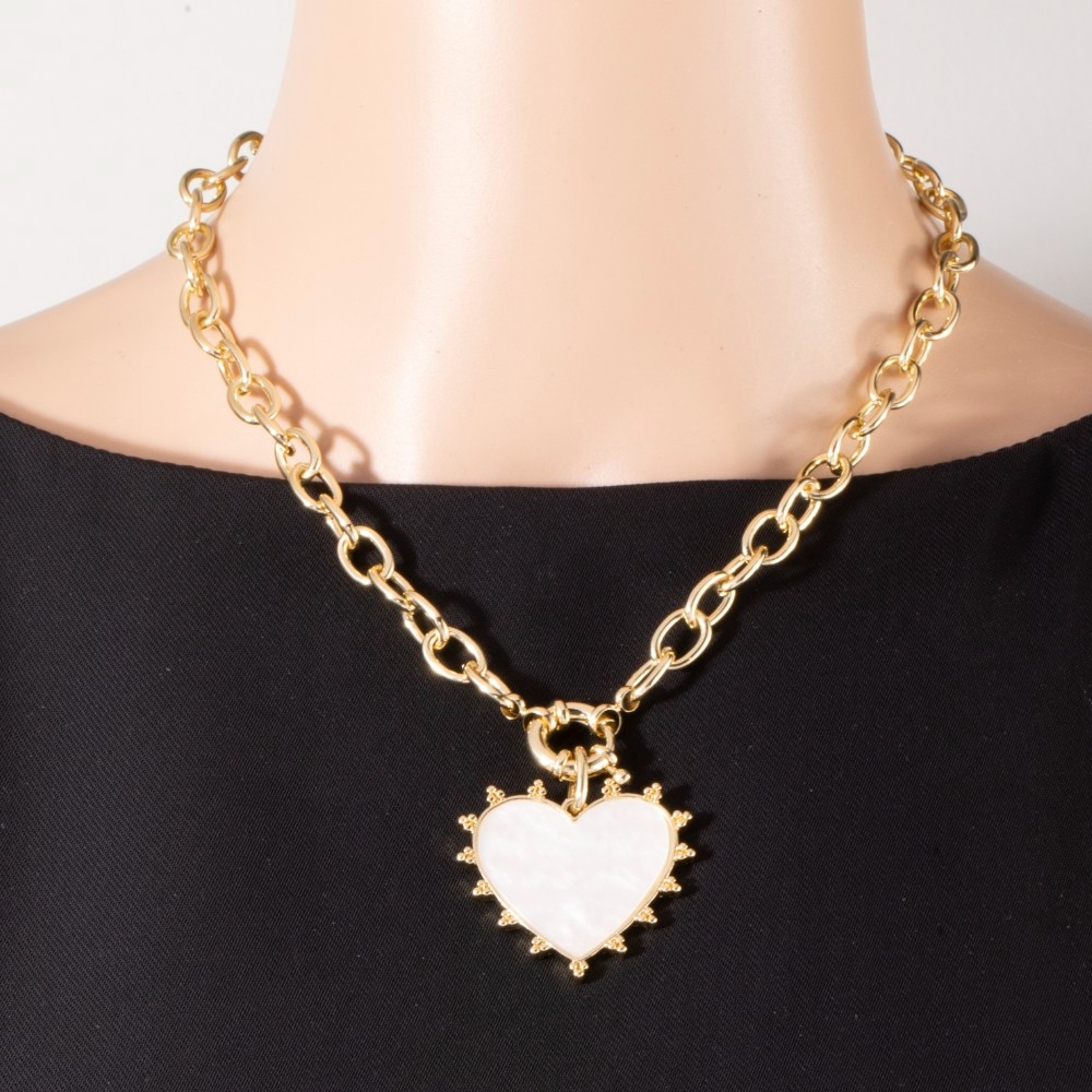 Mother Of Pearl Heart Pendant Chunky Gold Chain Necklace