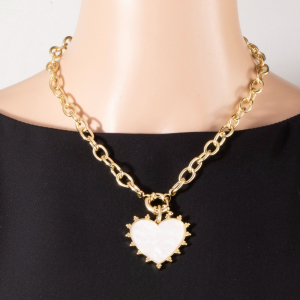 Mother Of Pearl Heart Pendant Chunky Gold Chain Necklace