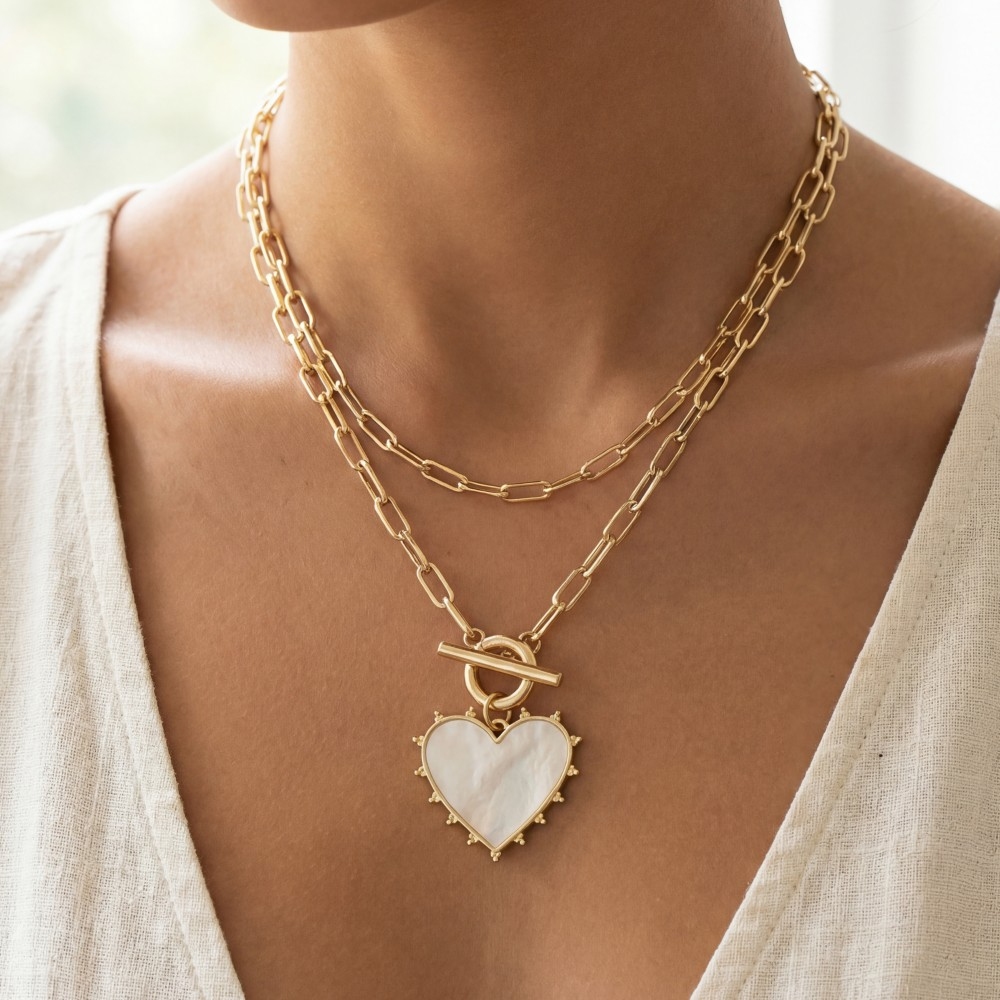 Heart Pendant Layered Toggle Chain Necklace