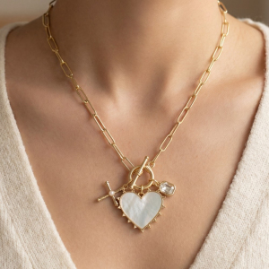 Mother Of Pearl Heart Charm Toggle Paperclip Chain Necklace