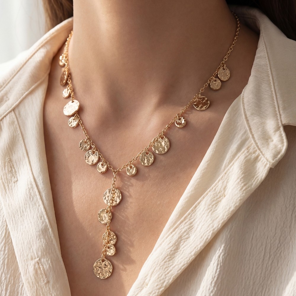 Dainty Chain Hammered Coin Discs Y Necklace