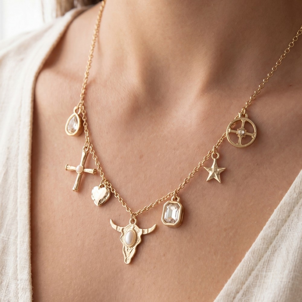 Western Multi-Charm Station Gold Chain Necklace