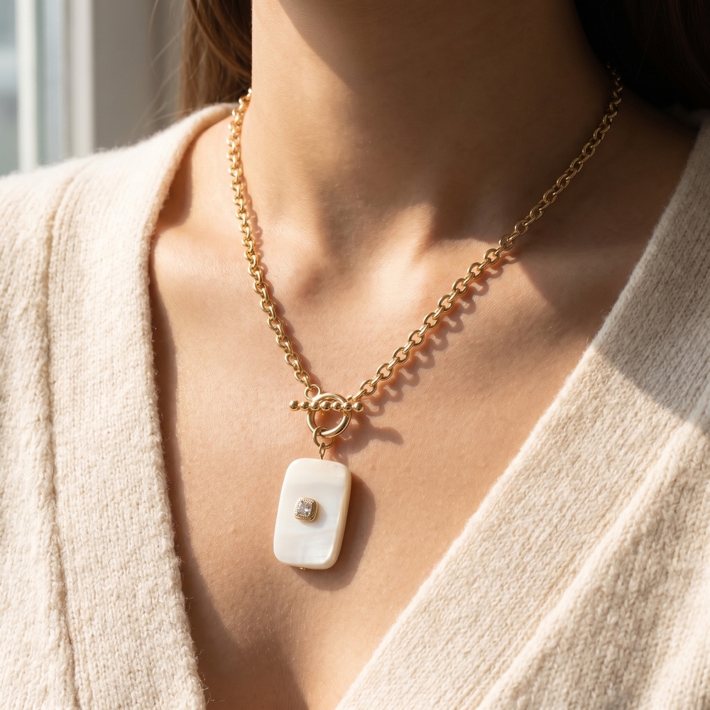 Enamel Rectangular Tag Cz Pendant Necklace