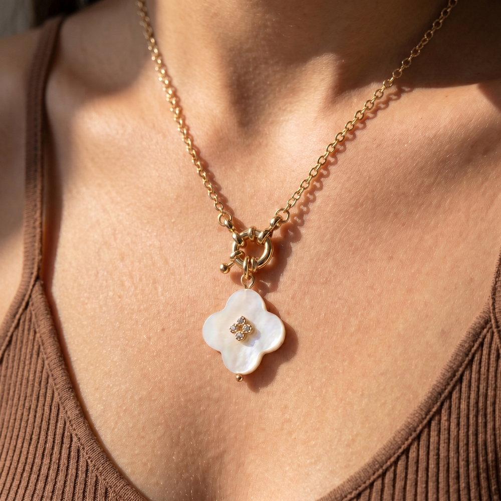 Shell Clover Pendant Necklace With Cz Center