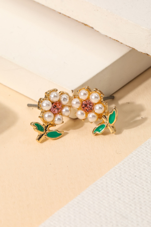 Pearl Rhinestone Flower Stud Earrings
