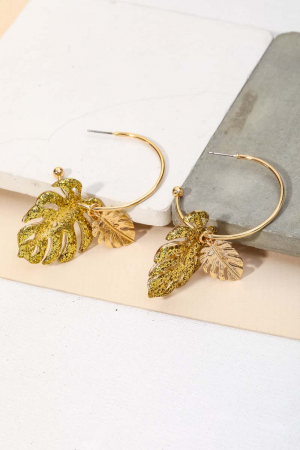 Thin Hoop Monstera Drop Earrings