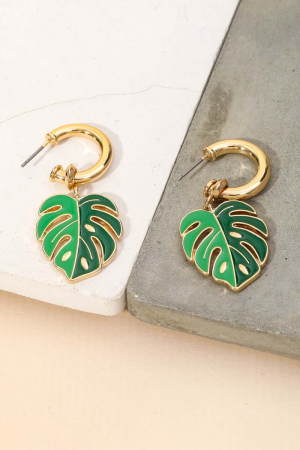 Metallic Monstera Leaf Drop Mini Hoop Earrings