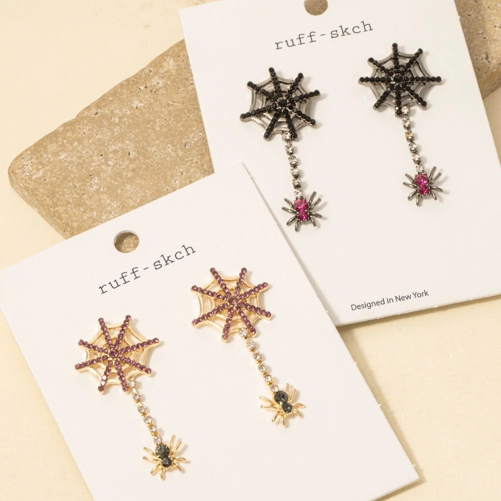 Halloween Spider Web Gem Studded Dangle Earrings