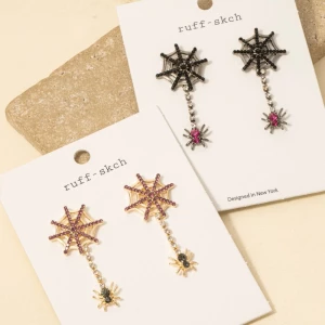 Halloween Spider Web Gem Studded Dangle Earrings