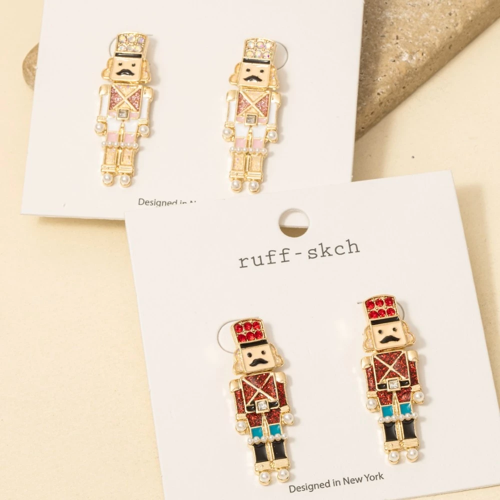 Christmas Glitter Enamel Nutcracker Drop Earrings