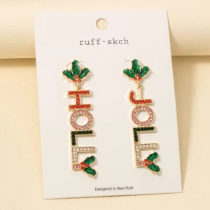 Christmas Jolly Holly Glitter And Studs Dangle Earrings