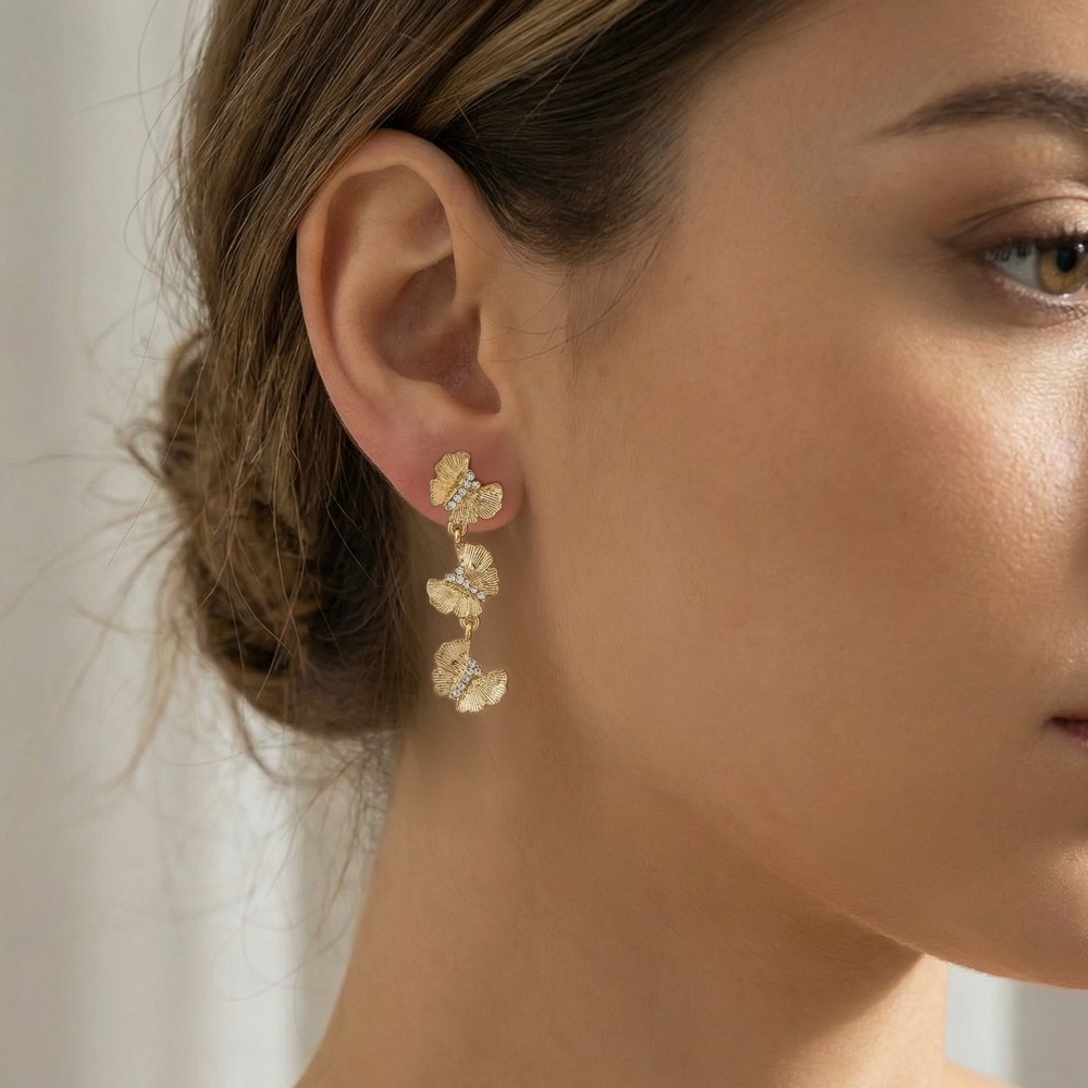 Pave Triple Butterfly Chain Dangle Earrings