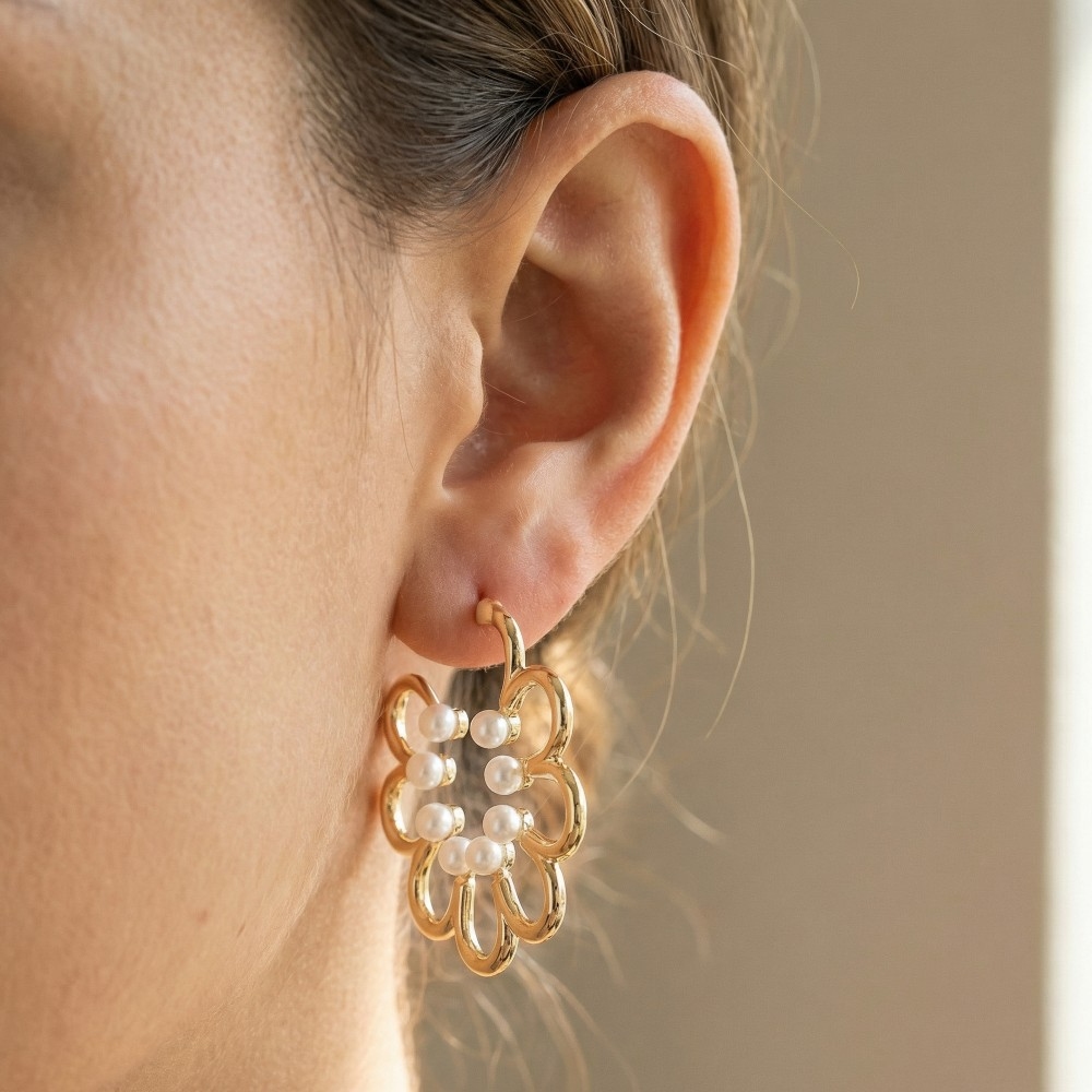 Pearl Studded Wavy Flower Hoop Earrings
