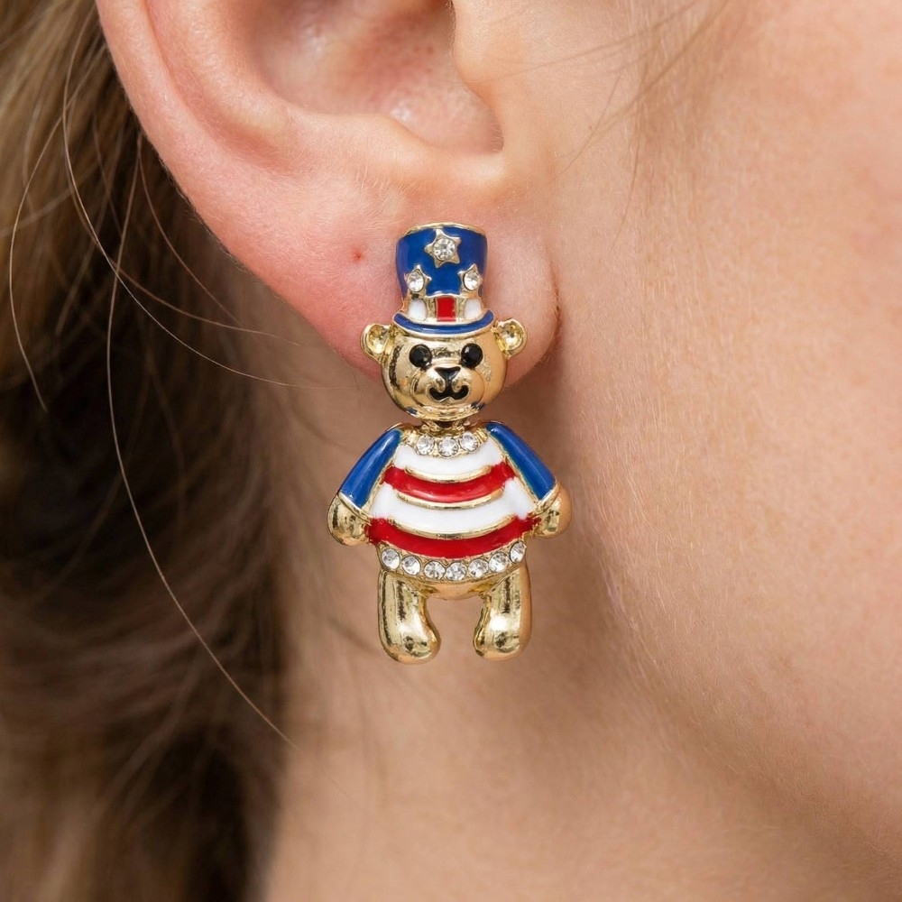 Usa 4Th Of July Teddy Bear Stud Drop Earrings