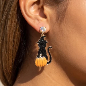 Halloween Glitter Cat And Pumpkin Drop Earrings