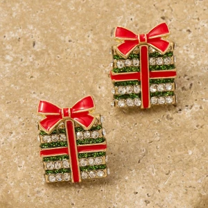 Enamel Pave Christmas Present Stud Earrings