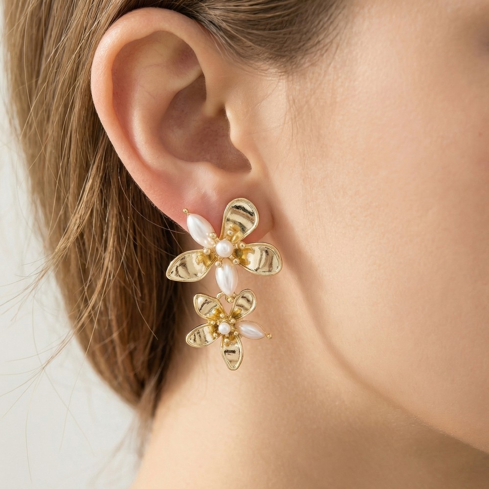 Pearl Accented Flowers Stud Dangle Earrings