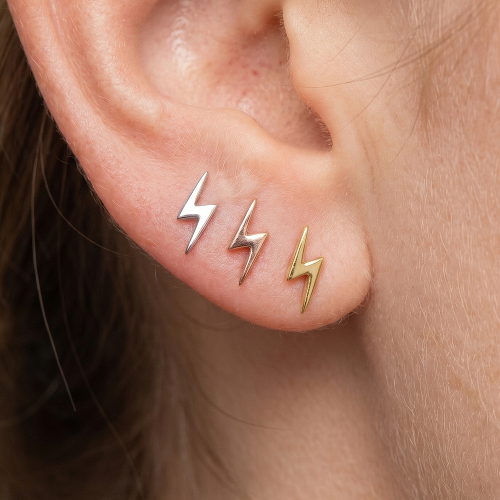 Sterling Silver Triple Tone Lightning Bolt Earring Set