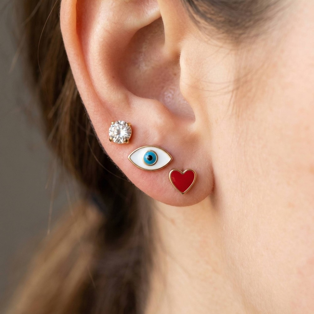 Enamel Heart Evil Eye And Cz Gem Stud Earrings Set