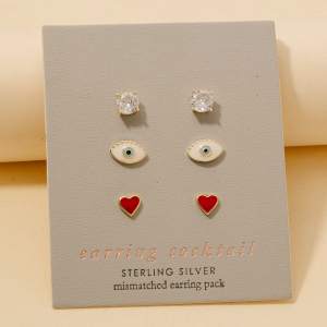 Enamel Heart Evil Eye And Cz Gem Stud Earrings Set